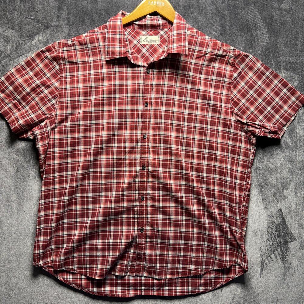 California Button Down Shirt Mens 2XL Red Woven Plaid Short Sleeve Casual